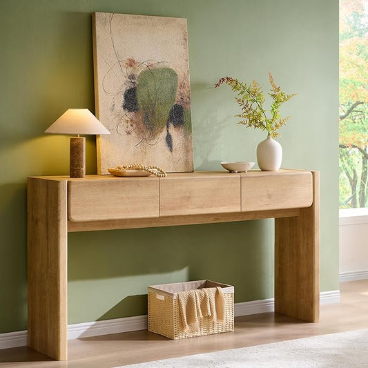 OKD 63'' Console Table with 3 Drawers, Farmhouse Entryway Table with Rounded Corners, Console Table Behind Couch for Living Room/Hallway-Natural Oak