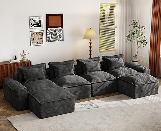 Hobestluk 152" Cloud Modular Sectional Couch 4-Seater Sofa with Ottomans U Shaped Couch Deep Seat Sofa with Removable Cover for Living Room (Dark Grey, 4-Seater Sofa with Two Ottomans)