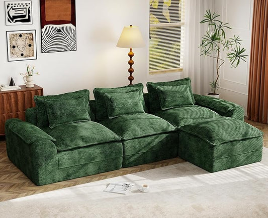 Hobestluk 120" Cloud Modular Sectional Couch 3-Seater Sofa with Ottoman L Shaped Sofa with Removable Cover Large Sofa Couch for Living Room (Green, 3-Seater Sofa with One Ottoman)
