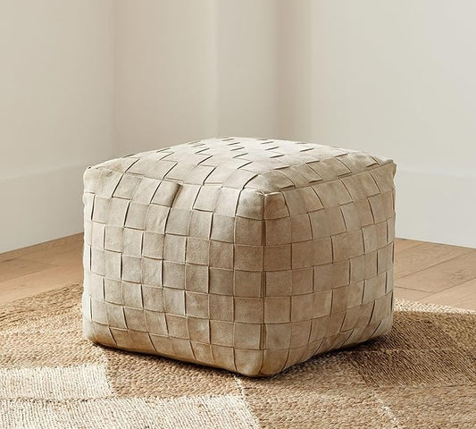 Luxury Handcrafted Suede Basketweave Pouf Ottoman – Soft & Durable Floor Cushion, Footrest, and Accent Seating for Living Room, Bedroom, & Office – Stylish Modern Home Décor (Stone, 18" x 18" x 14")