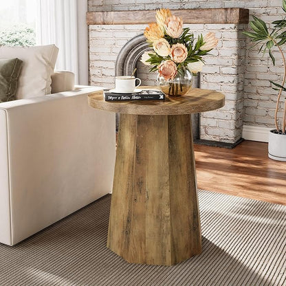 Tribesigns Farmhouse Round End Table, Wooden Couch Side Table with Octagonal Base, Rustic Brown Nightstand Pedestal Accent Furniture for Living Room, Bedroom (1)