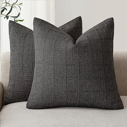 Foindtower Set of 2 Decorative Linen Check Throw Pillow Covers Neutral Farmhouse Vintage Cushion Covers Modern Boho Home Decor for Sofa Chair Couch Bedroom Living Room,24×24 Inch,Charcoal