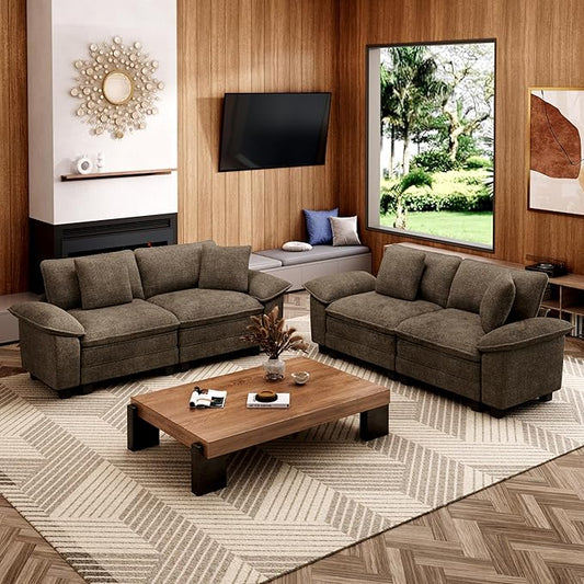 L-Shaped Cloud Modular Sofa Set, 4-Piece Double Loveseat Sectional w/Deep Seat & Removable Arms, Plush Chenille for Living Room - Taupe