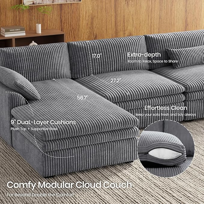 Belffin Large Modular Sectional Sofa with Double Deep Chaise, 104" Corduroy U Shaped Couch with 9" Soft Dual-Layer Seats Cushion Sectional Couches for Living Room, Apartment, Light Grey