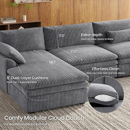 Belffin Large Modular Sectional Sofa with Deep Chaise, 104" Corduroy L Shaped Couch with 9" Soft Dual-Layer Seats Cushion for Living Room, Apartment, Light Grey