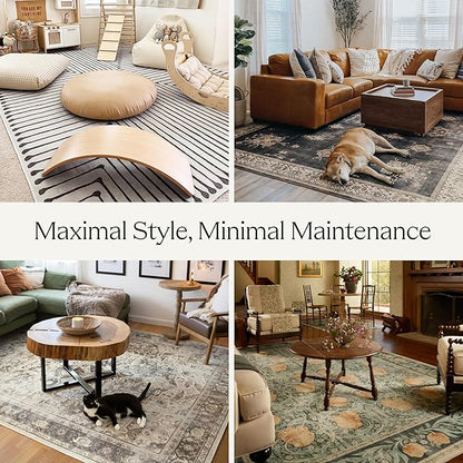 RUGGABLE Washable Vintage Area Rug – Verena Soft Blue 6x9, Stain-Resistant, Non-Slip – Medium Machine Washable Rugs for Living Room, Bedroom, Hallway, Entryway & Office–with Cushioned Pad