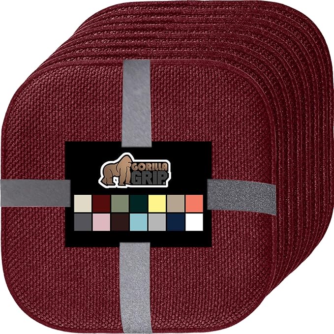 GORILLA GRIP Chair Cushions, Set of 8, 16x16, Memory Foam Pads for Dining Room, Kitchen Table, Office Desk, Rocking Chairs, Stay in Place Backing, Comfortable Microfiber Seat Cover Pad Cushion, Wine