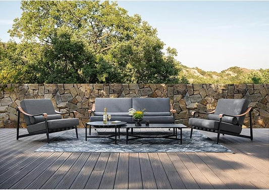 Sophia & William Luxury Patio Furniture Set Outdoor Conversation Set 6pcs, 6.3" Extra Thick Cushion Heavy Duty with Extra Wide & Deep Seat for 4, Side Table with Coffee Table for Pool Garden Backyard