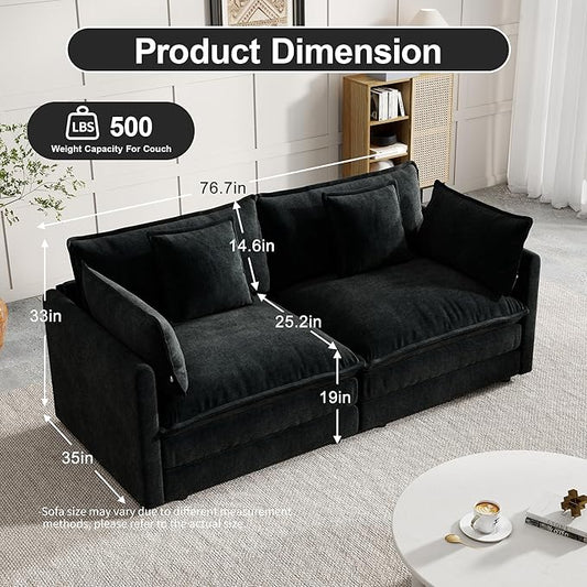 Modular Sectional Sofa, 76.7 Inch I-Shaped Cloud Sofa with Deep Seat Comfortable Chenille Sofa with Cushion Double Sectional Sofa for Living Room Apartment,Black