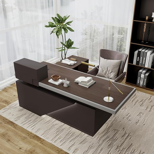 SAINTCY 78" Executive Desk with Drawers - L Shaped Desk with File Cabinet, Black Executive Office Desks with LED Light, Home Office Desk,2.6" Thickened Desktop
