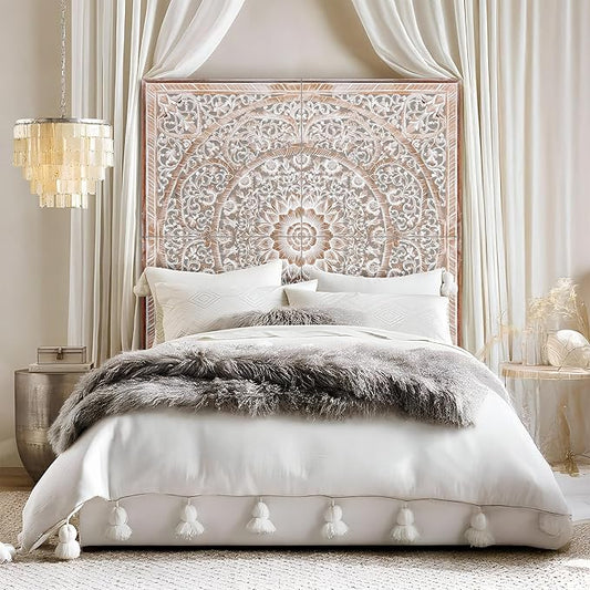 King Wood Bed Headboard Rustic | Carved Full Head Board Only | Wooden Decor Full Size Bed | Wall Mount Wood Art King or Queen (Manusa Antic, California King)