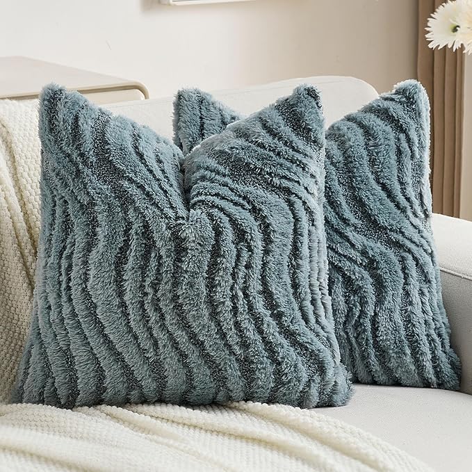 FUTEI Blue Decorative Throw Pillow Covers 24x24 Inch Set of 2,Soft Faux Fur Geometric Shapes Texture European Cushion Case,Boho Home Decor for Couch Bed Living Room