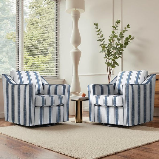UIXE Swivel Accent Chairs Set of 2, Fabirc Upholstered Arm Chair for Living Room, Modern Club Armchair Comfy Single Sofa Bedroom Reading Seat with Lumbar Pillow - Navy Blue Stripe