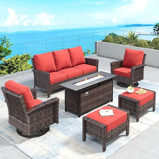 Patio Furniture Set with Swivel Chairs, High Back Wicker Rattan Furniture with 5.5" Thick Cushions, Fire Pit Table and Ottomans, All Weather Outdoor Conversation Set for Backyard Deck,7 Seats, Red