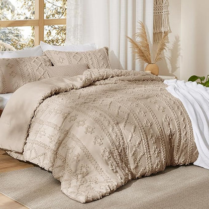 Bedsure Tufted Boho Comforter Set Oversized King - Khaki Boho Bed Set, GentleSoft™ 3 Pieces Farmhouse Shabby Chic Embroidery Bedding, Gifts for Woman, Soft Jacquard Comforter for All Seasons