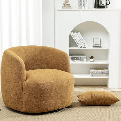 KINWELL 34" Wide Boucle Swivel Barrel Chairs Set of 2, No Assembly Round Upholstered Armchairs Accent Chairs Single Sofa Chair with Toss Pillow for Living Room and Bedroom, Brown
