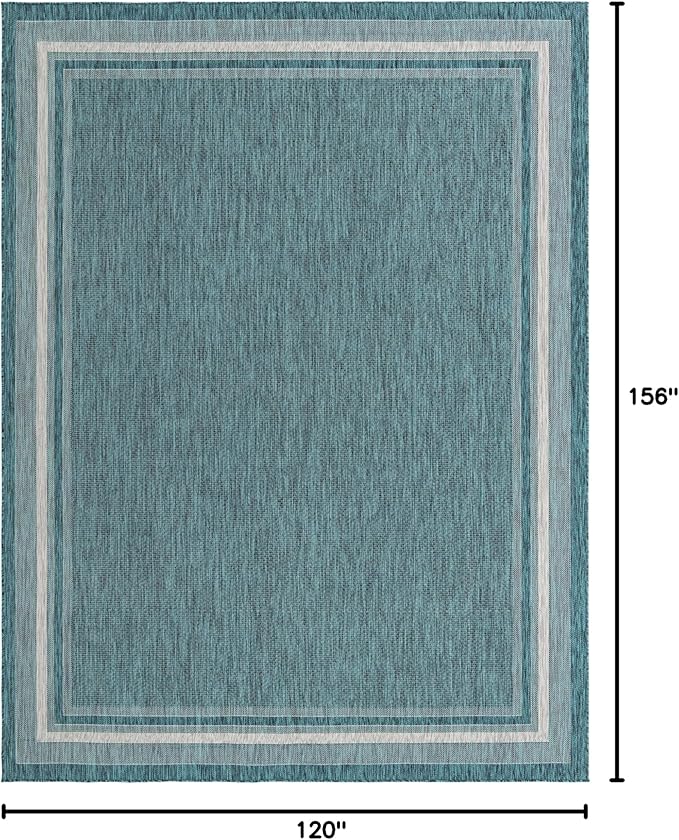 Unique Loom Outdoor Border Collection Area Rug - Soft Border (10'x 13' Rectangle, Teal/ Ivory)