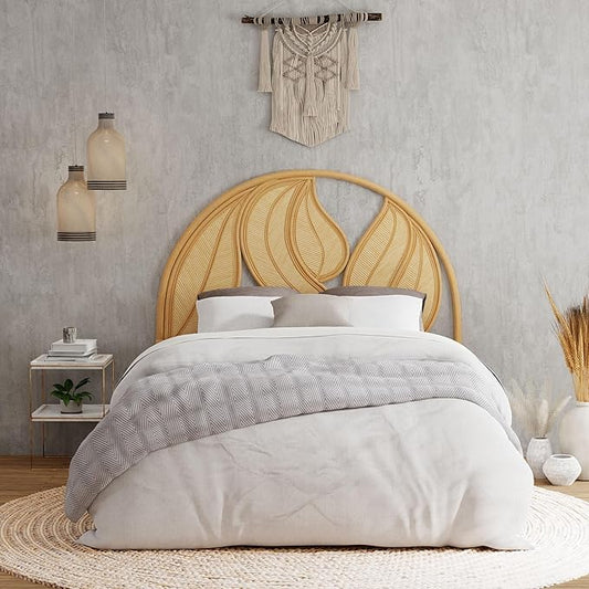 Kouboo Palm Springs Rattan Headboard for California King Size Beds Natural Boho Farmhouse Style with Intricate Palm Leaf Pattern and Arch Perfect for Coastal Beach Bedroom 72 in Wide from