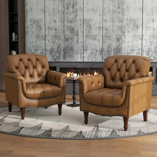 Lumibee Faux Leather Accent Chairs Set of 2, Contemporary Armchairs with Nailhead Trims & Wood Legs for Living Room, Upholstered Comfy Arm Chairs for Office,Bedroom-Camel
