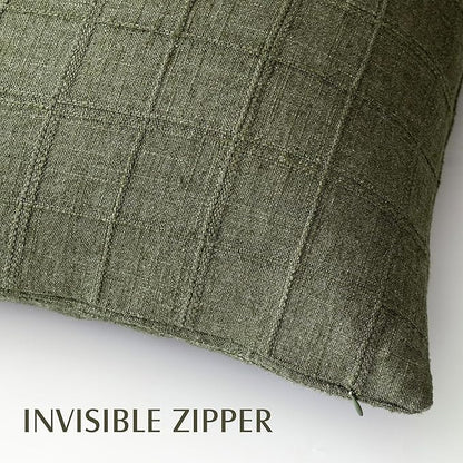 Foindtower Set of 2 Decorative Linen Check Throw Pillow Covers Neutral Farmhouse Lumbar Cushion Covers Modern Boho Home Decor for Sofa Chair Couch Bedroom Living Room,12×24 Inch,Olive Green