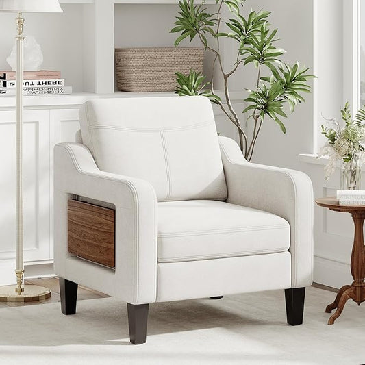 Accent Chair for Living Room Modern Linen Upholstered Armchair Side Wooden Fabric Sofa Chair with Foldable Table 2 Side Pockets Comfy Reading Chair for Bedroom