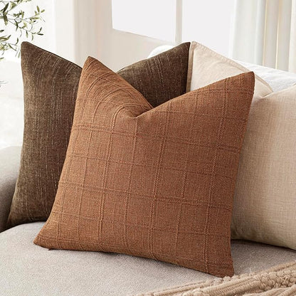 Foindtower Set of 2 Decorative Linen Check Throw Pillow Covers Neutral Farmhouse Vintage Cushion Covers Modern Boho Home Decor for Sofa Chair Couch Bedroom Living Room,20×20 Inch,Orange