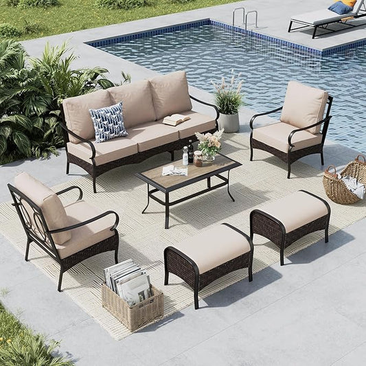 MFSTUDIO 6 PCS Outdoor Patio Furniture Set, Metal Outdoor Conversation Set, Rattan Wicker Patio Sectional Sofa Set with 2 x Fixed Single Sofa, 3-Seat Sofa, 2 x Ottoman, 1 x Coffee Table, Beige