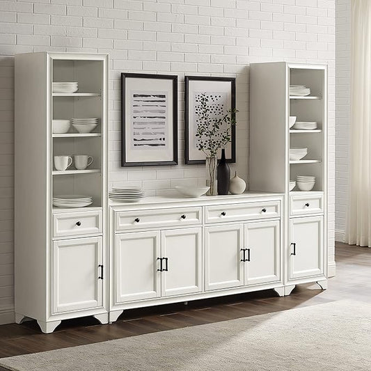 Crosley Furniture Tara 3-Piece Modern Farmhouse Sideboard Buffet Cabinet and Bookcase Set with Storage, Distressed White