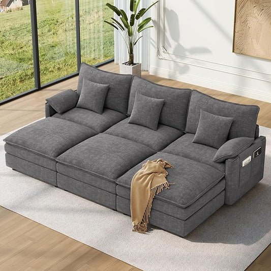 Vesgantti 108" Sectional Sleeper Sofa, 6-Seater Oversized Modular Cloud Couch with Movable Ottoman, Chenille Large Sofa Bed Convertible Deep Seat Couches for Living Room, Bedroom and Apartment, Gray