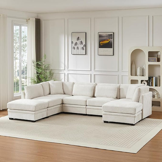 Christopher Knight Home Zery 7-Piece U-Shape Lounge Sofa Couch with Ottomans, Modern Modular Sectional Sofa Set with Pillow Back for Living Room, Chenille Upholstered Cloud Couch with Deep Seat,Beige