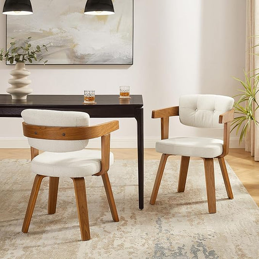 Art Leon Modern Dining Chairs - Set of 2 Mid Century Dining Chairs Fabric Upholstered Swivel Chairs Comfy Desk Chair No Wheels Accent Arm Chair for Kitchen Living Room Study, Off White/Walnut