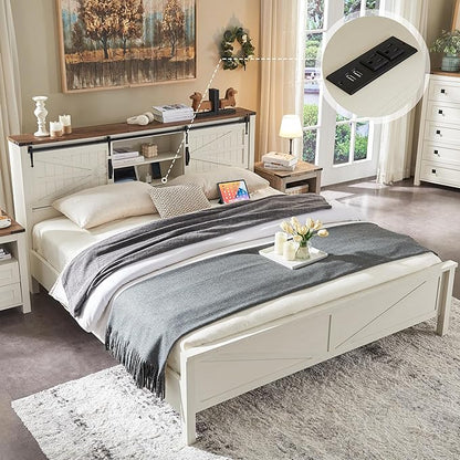 T4TREAM Farmhouse Queen Size Bed Frame w/Storage Bookcase Headboard, Sliding Barn Door, Charging Station, Rustic Wood Platform Bed w/Wood Slats Support, No Box Spring Needed, Antique White
