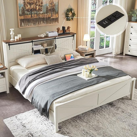 T4TREAM Farmhouse Queen Size Bed Frame w/Storage Bookcase Headboard, Sliding Barn Door, Charging Station, Rustic Wood Platform Bed w/Wood Slats Support, No Box Spring Needed, Antique White