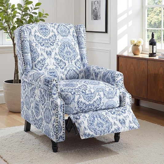 Pushback Recliner Chair, Floral Fabric Wingback Recliner Chair, Upholstered Armchair Push Back Recliner, Rivet Trim Single Sofa Accent Chair with Wood Legs for Living Room, Navy
