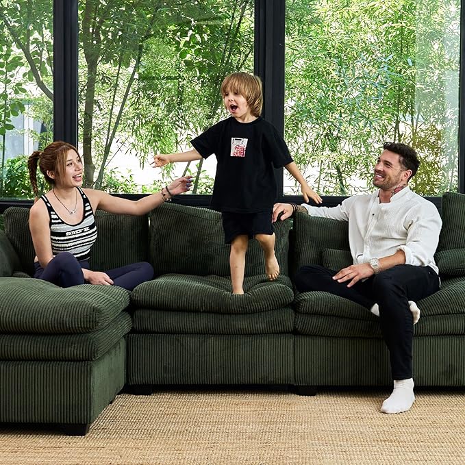 Belffin Large Modular Sectional Sofa with Double Deep Chaise, 135" Corduroy U Shaped Sectional Couch with 9" Soft Dual-Layer 6 Seats U Shaped Couch for Living Room, Apartment, Green