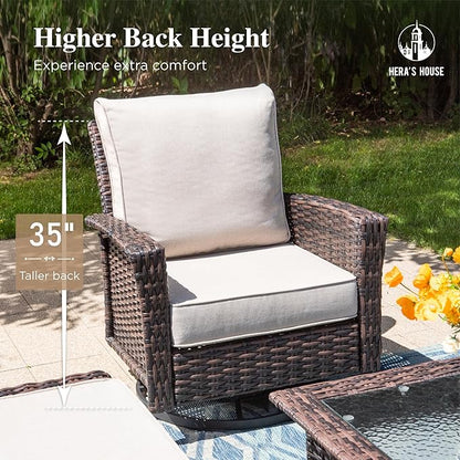 HERA'S HOUSE 3 Pieces Patio Bistro Set, High Back Swivel Wicker Chairs with Rattan Side Table, Outdoor Chairs Set with 5.5" Thick Cushions, Patio Furniture for Bistro Deck Porch Pool, Brown/Beige
