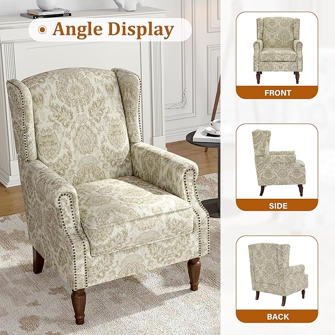 Wingback Accent Chair, High Back Upholstered Armchair, Printed Fabric Wingback Arms Chairs with Wood Legs, Single Sofa Reading Chair for Bedroom Living Room, White