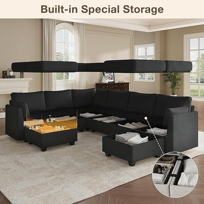 Modular Sectional Sofa Couches, Large Convertible Modular Couches with Storage, 8-Seater Sectional Sofa for Living Room, U Shaped Sectional Couch Sleeper Sofa with Chaise (Black, 8 Seats)
