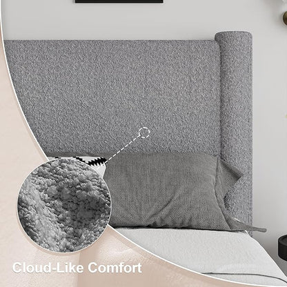 Full Size Bed Frame, Boucle Upholstered Platform Bed with Headboard and Footboard, Soft Rounded Corners, No Box Spring Required, Easy Assembly, Light Grey