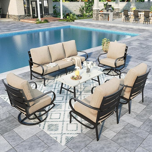 Sophia & William Patio Furniture Sets for 7 Outdoor Conversation Set 6 Pcs with 4 x Armrest Cushioned Sofa Chairs, 1 x 3-Seat Sofa, 1 Marbling Metal Coffee Table Garden Backyard Poolside Beige