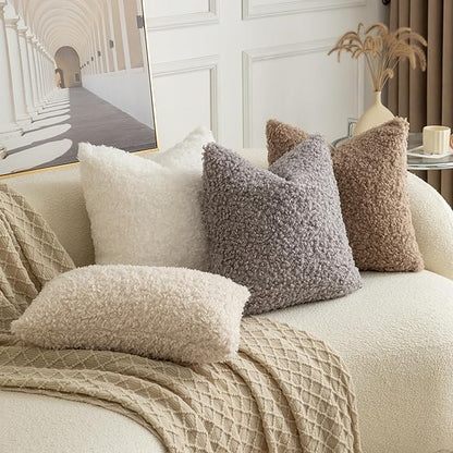 Pack of 2 Curly Teddy Wool Faux Fur Throw Pillow Covers Fuzzy Accent Soft Sherpa Pillowcases Sheepskin Fleece Decorative Cushion Case for Sofa Couch Living Room 16x16 Inch Light Grey