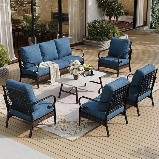 6 Piece Metal Outdoor Patio Furniture Set, Patio Conversation Sets with 3-seater Couch, 4 Single Sofa (5.75" Extra Thick Cushion) & Coffee Table, Black Frame Backyard Furniture, Blue-2