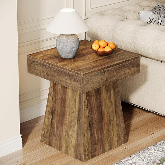 Tribesigns Small End Table, Rustic Square Side Table with Wide Base, Farmhouse Small Nightstand Beside Bed, Next to Armchair, for Living Room, Brown