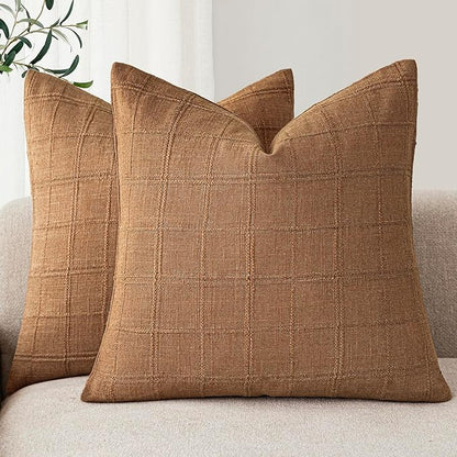 Foindtower Set of 2 Decorative Linen Check Throw Pillow Covers Neutral Farmhouse Vintage Cushion Covers Modern Boho Home Decor for Sofa Chair Couch Bedroom Living Room,20×20 Inch,Brick