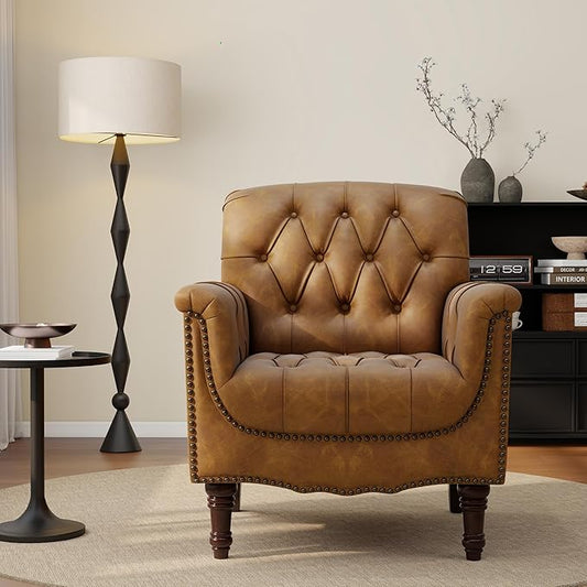 UIXE Faux Leather Accent Chair for Living Room, Upholstered Retro Armchair Tufted Club Arm Chair Single Sofa Lounge Bedroom Side Reading Seating with Solid Wood Legs, Camel