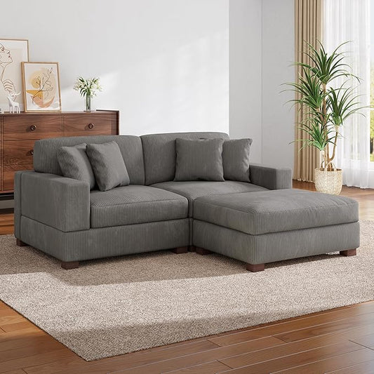 Modular Sectional Couches for Living Room, Modern Loveseat 2-Seater Sofa Couch with Ottoman, Upholstered Couches for Living Room Bedroom, Light Grey