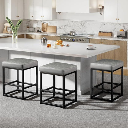 Counter Height Bar Stools Set of 2, 24" Barstools for Kitchen Countertop, Faux Leather Counter Stools with Thick Square Seats & Sturdy Metal Base, Simple Assembly, Brown