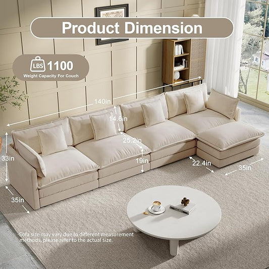 Modular Sectional Sofa, 146.5 Inch L-Shaped Cloud Sofa with Deep Seat Chenille Sofa with Cushions, Four Seater Sectional Sofa for Living Room Apartment,Light Coffee