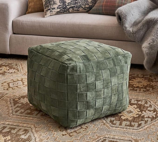 Luxury Handcrafted Suede Basketweave Pouf Ottoman – Soft & Durable Floor Cushion, Footrest, and Accent Seating for Living Room, Bedroom, & Office – Stylish Modern Home Décor (Hunter, 18" x 18" x 14")