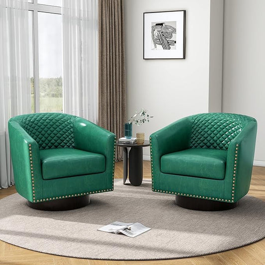 Pia Ricco Faux Leather Swivel Barrel Accent Chairs Set of 2, 360° Swivel Round Single Sofa Chair, Comfy Upholstered Club Armchair with Nailhead Trim for Living Room/Reading Room/Bedroom, Green